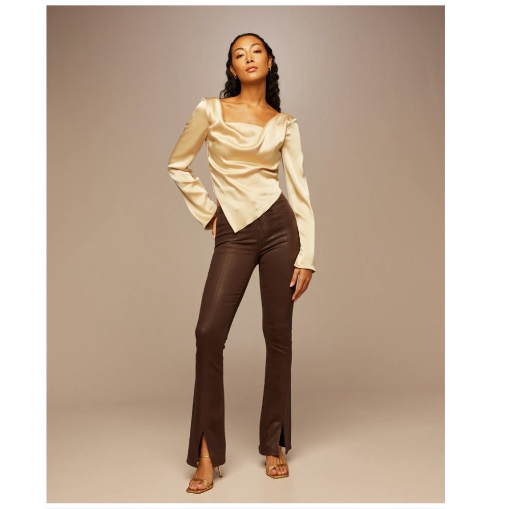 L'agence Beatrix High Rise Boot Cut Pants with Slit Size 27 in Cocoa Coated NWT